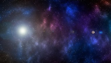 Yıldız tozu ve parlayan yıldızlarla dolu bir arka plan. Gerçekçi kainat ve renkli nebula. Gezegen ve Samanyolu. Renkli galaksi. 3d illüstrasyon