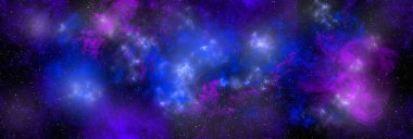 Yıldız tozu ve parlayan yıldızlarla dolu bir arka plan. Gerçekçi kainat ve renkli nebula. Gezegen ve Samanyolu. Renkli galaksi. 3d illüstrasyon