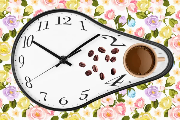 Coffee Time Composition. Coffee cup over clock face and roasted beans top view. Coffee time symbol. Interesting idea energy and refreshment concept..