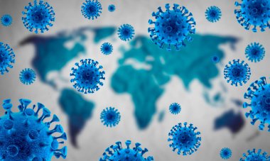 Grip COVID-19 virüs hücresi görüntüsü. Coronavirus Covid 19 salgın salgını geçmişi. Pandemik sağlık riski. 3B illüstrasyon kavramı.