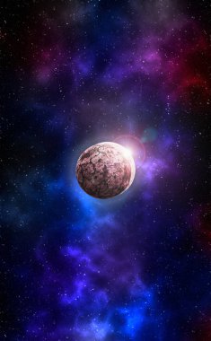 Uzaydan gelen bilinmeyen bir gezegen. Uzay nebulası. Kozmik yıldız kümesi. Dış uzay arkaplanı. 3B Görüntü.