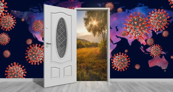 Door open to new better world after Coronavirus COVID-19. Hope for the future concept. 3D illustration.