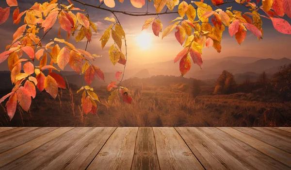丘を着色太陽光線とカラフルな秋の夕日 自然の中で空の木製のテーブル屋外 — ストック写真