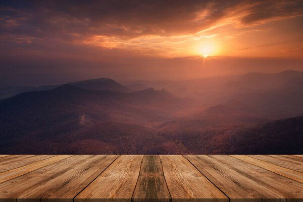 Autumn sunset landscape, with empty wooden table, nature outdoor.
