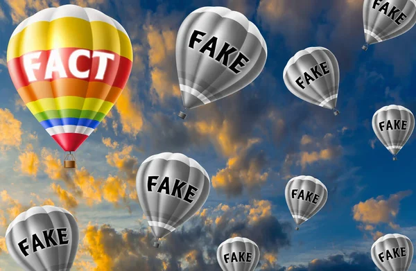 FactとFakeをコンセプトにした熱気球 抽象的な背景 思考と創造性 3Dイラスト — ストック写真