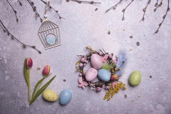 Easter Eggs Grey Background Holiday Decor — Stock Photo, Image