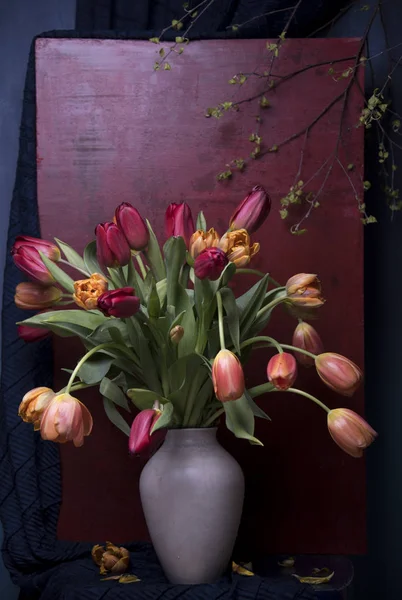 Verschillende Tulpen Vaas Houten Achtergrond — Stockfoto