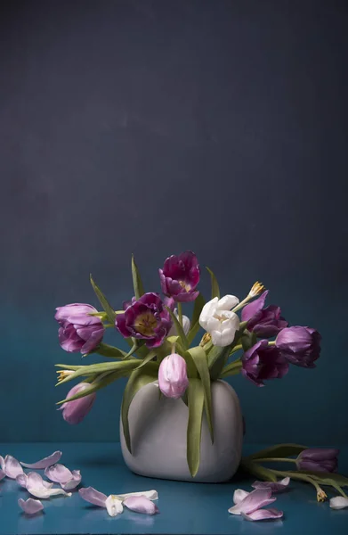彩色郁金香在花瓶在蓝色背景 — 图库照片
