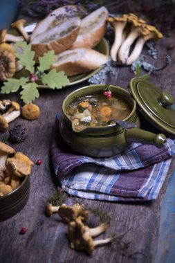 mantar çorbası pot ayarı ve ahşap masa üzerinde yetiştirilen tablo