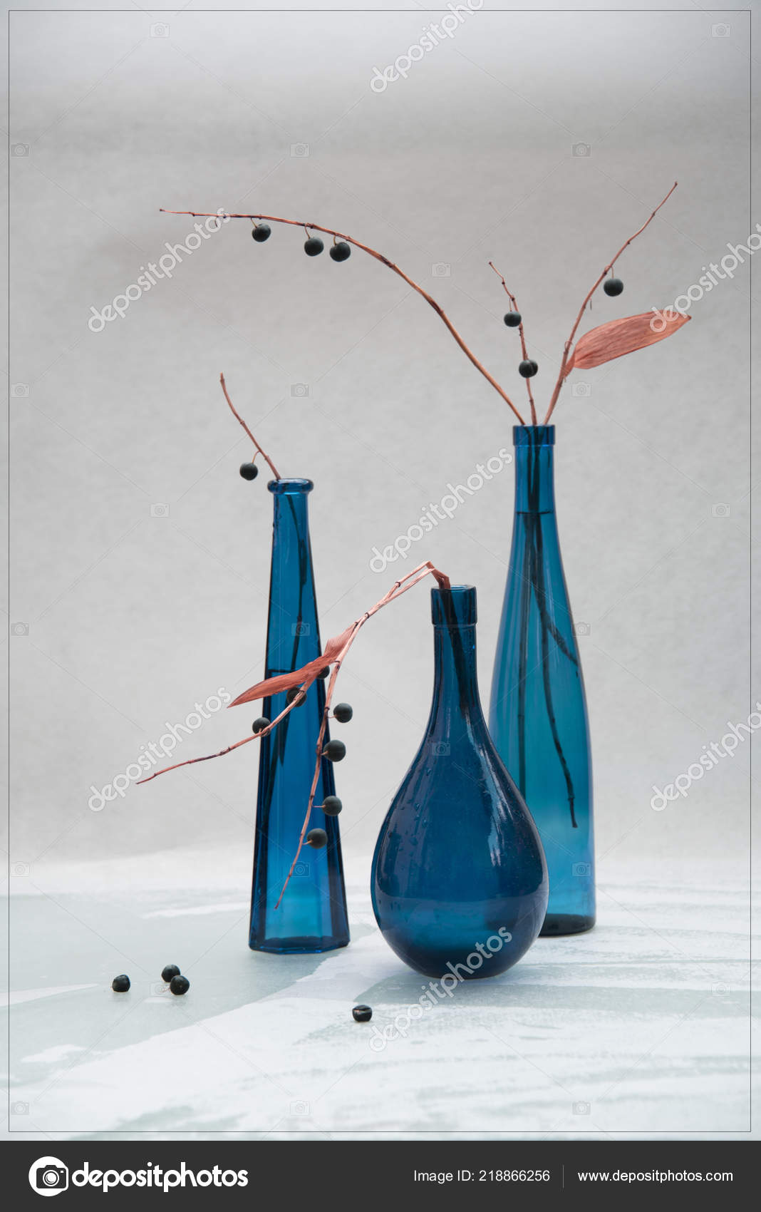 Close Dried Plant Twigs Different Blue Vases White Background