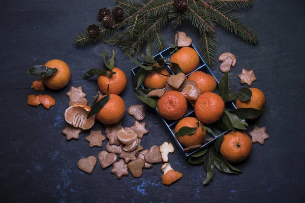 Composition Noël Mandarines Biscuits Pain Épice Branche Sapin — Photo