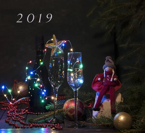 Plantilla Tarjeta Feliz Navidad Con Dos Vasos Guirnalda Ramas Abeto — Foto de Stock