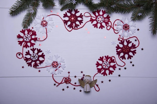 Plantilla Tarjeta Feliz Navidad Con Ramas Abeto Guirnalda Copos Nieve — Foto de Stock