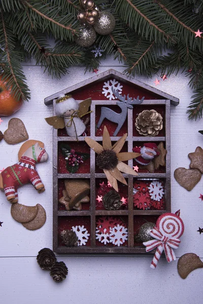 Merry Christmas Card Sjabloon Met Koekjes Fir Takken Speelgoed Houten — Stockfoto