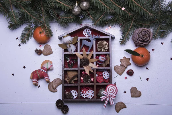 Merry Christmas Card Sjabloon Met Koekjes Fir Takken Speelgoed Houten — Stockfoto