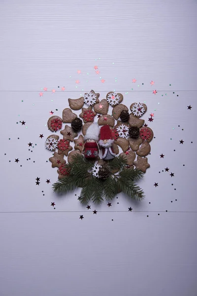 Frohe Weihnachten Kartenvorlage Mit Plätzchen Goldenen Sternen Und Spielzeug — Stockfoto