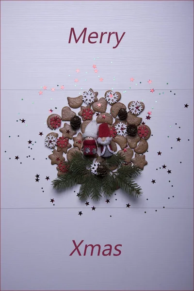 Buon Natale Modello Biglietto Con Biscotti Stelle Oro Giocattoli — Foto Stock