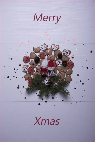 Plantilla Tarjeta Feliz Navidad Con Galletas Estrellas Doradas Juguetes — Foto de Stock