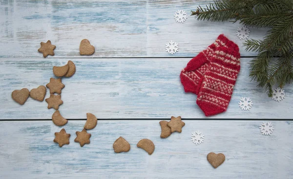 Vrolijk Kerstfeest Gelukkig Nieuwjaar Kaartsjabloon Met Gingerbread Koekjes Breien Van — Stockfoto