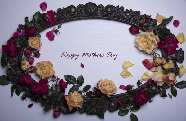 Happy Mothers day card template with vintage frame and roses