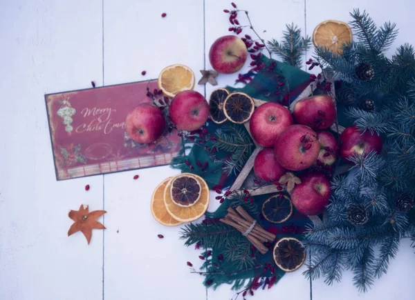 Merry Christmas Card Sjabloon Met Spar Takken Appels Bessen Stukjes — Stockfoto
