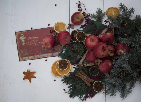 Merry Christmas Card Sjabloon Met Spar Takken Appels Bessen Stukjes — Stockfoto