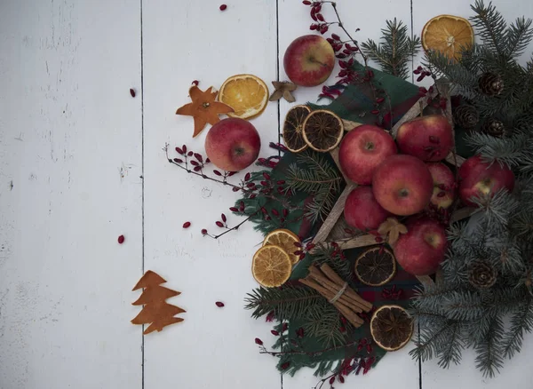 Merry Christmas Card Sjabloon Met Spar Takken Appels Bessen Stukjes — Stockfoto