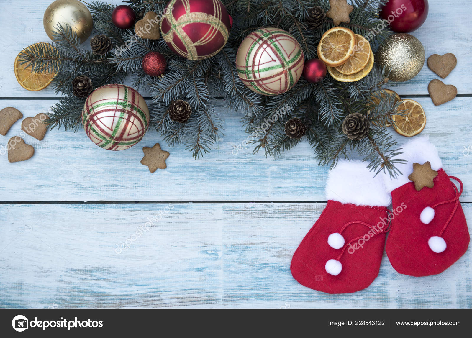 Christmas Tree Branches Red Gold Silver Balls Dried Orange