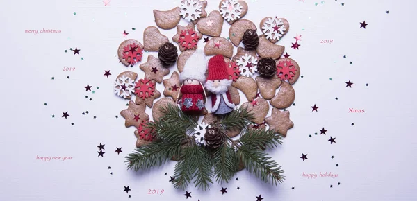 Merry Christmas Card Sjabloon Met Koekjes Gouden Sterren Speelgoed — Stockfoto
