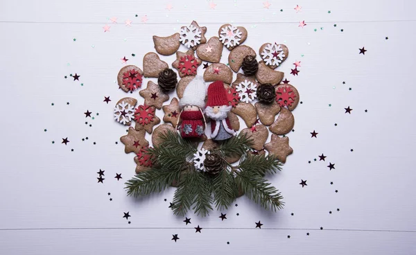 Merry Christmas Card Sjabloon Met Koekjes Gouden Sterren Speelgoed — Stockfoto