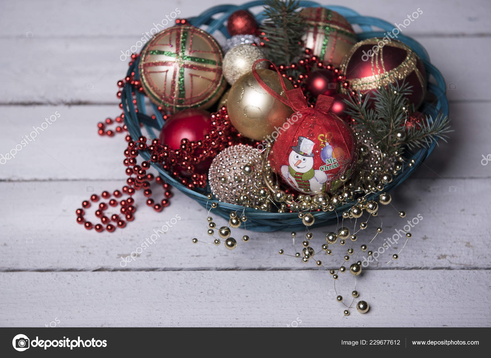 Christmas Tree Branches Decorated Red Gold Silver Balls