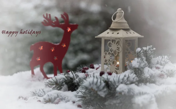 Merk Julekortmal Med Gran Snø Leketøy – stockfoto