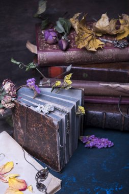 vintage gözlük ve çiçekler ile kitap kompozisyon