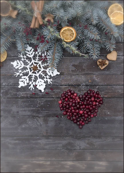 Merry Christmas Card Template Snowflake Fir Branches Berries Shape Heart — Stock Photo, Image