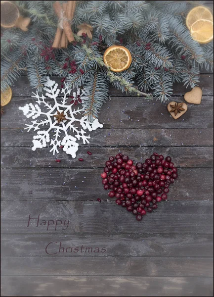 Plantilla Tarjeta Feliz Navidad Con Ramas Abeto Copo Nieve Bayas — Foto de Stock