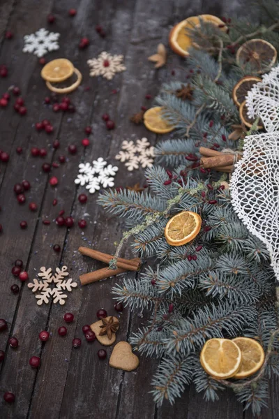 Merry Christmas Card Sjabloon Met Versieringen Spar Takken — Stockfoto