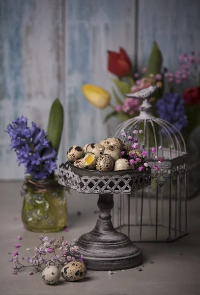 Felice Pasqua Modello Carta Con Uova Quaglia Fiori Gabbia Uccelli — Foto Stock