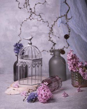 Sümbül çiçek kuru ağaç dalları arka plan üzerinde Kapat