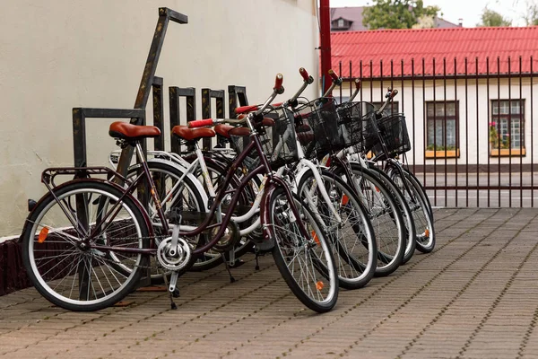 Ποδήλατα Πόλης Ενοικιάζεται Σταθεί Μια Γραμμή Έναν Λιθόστρωτο Δρόμο Της — Φωτογραφία Αρχείου