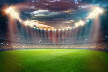 Stadyum ışıkları ve yanıp söner, futbol sahası. Konsept spor arka plan, futbol, gece Stadyumu. Karma ortam, kopya alanı.