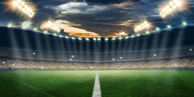 Stadyum ışıkları ve yanıp söner, futbol sahası. Konsept spor arka plan, futbol, gece Stadyumu. Karma ortam, kopya alanı.