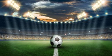 Stadyum ışıkları ve yanıp söner, futbol sahası. Konsept spor arka plan, futbol, gece Stadyumu. Karma ortam, kopya alanı.