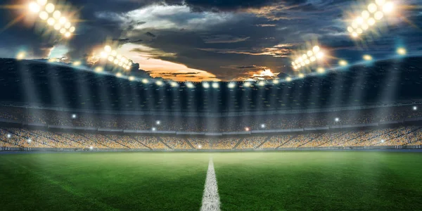 Estadio Las Luces Destellos Campo Fútbol Concepto Fondo Deportivo Fútbol — Foto de Stock