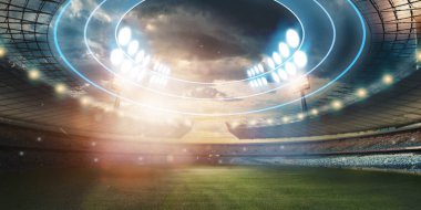 Stadyum ışıkları ve yanıp söner, futbol sahası. Konsept spor arka plan, futbol, gece Stadyumu. Karma ortam, kopya alanı.