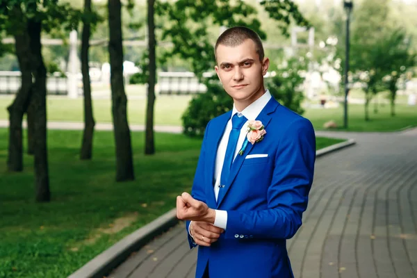 Hombre Novio Traje Azul Clásico Sobre Fondo Naturaleza Verde Boda — Foto de Stock