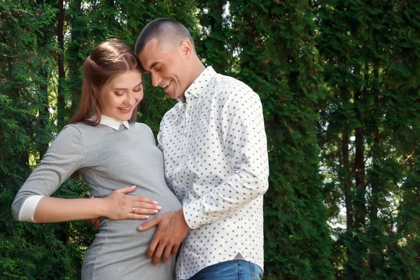 Happy Pregnant Married Couple Park Anticipation Miracle Child Family Life — Stock Photo, Image