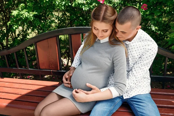 Happy Pregnant Married Couple Park Anticipation Miracle Child Family Life — Stock Photo, Image