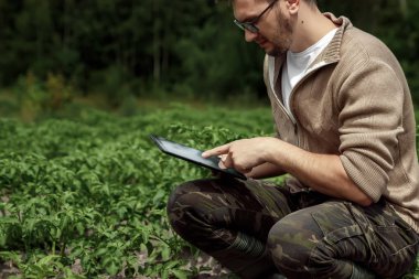 Erkek çiftçi alanını oturan ve tablet kullanma. Modern tarım teknolojileri uygulama. Tarım arazisi, yeni teknolojiler, hasat, gübreleme, Ürün İnceleme.