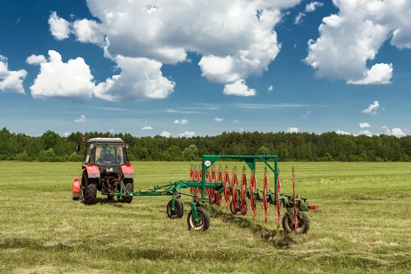Tarım makineleri, mavi gökyüzü karşı bir alanda ot toplama bir traktör. Hasat saman, hasat çimen. Sezon hasat, çim, tarım arazisi.