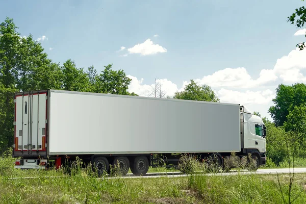 Witte Vrachtwagen Rijden Het Asfaltweg Naast Het Groene Veld Rurale — Stockfoto